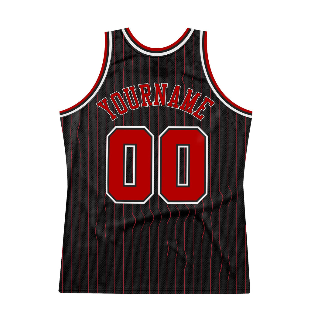 Custom Basketball Jersey - Black Red Pinstripe Red-White