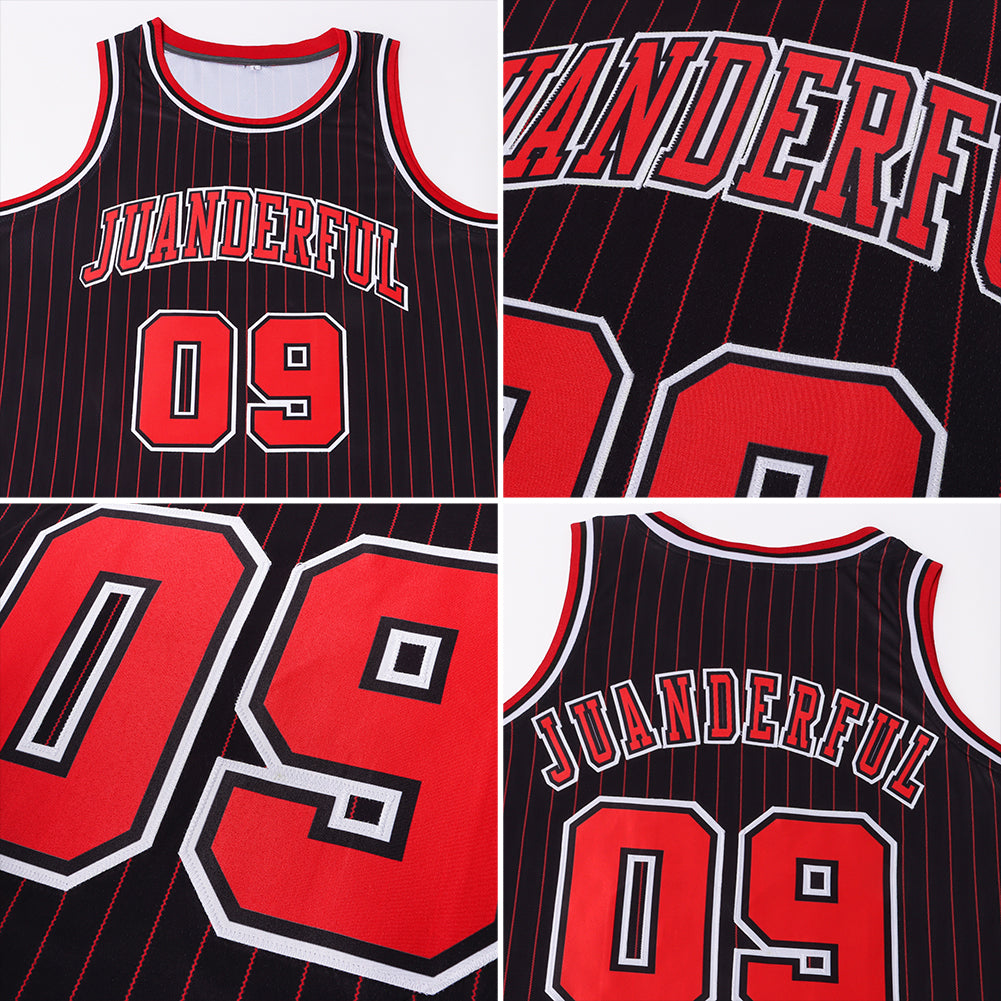 Custom Basketball Jersey - Black Red Pinstripe Red-White