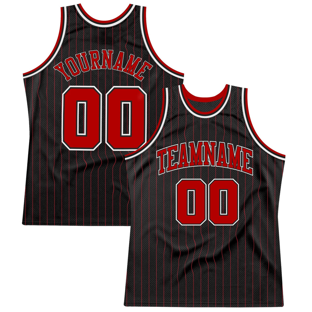 Custom Basketball Jersey - Black Red Pinstripe Red-White