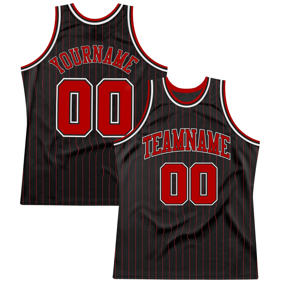 Custom Basketball Jersey - Black Red Pinstripe Red-White