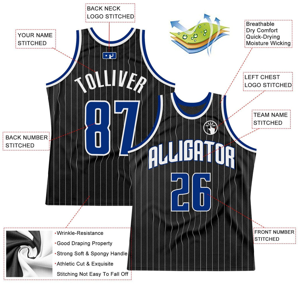 Custom Basketball Jersey - Black White Pinstripe Royal-White - Style Black0491