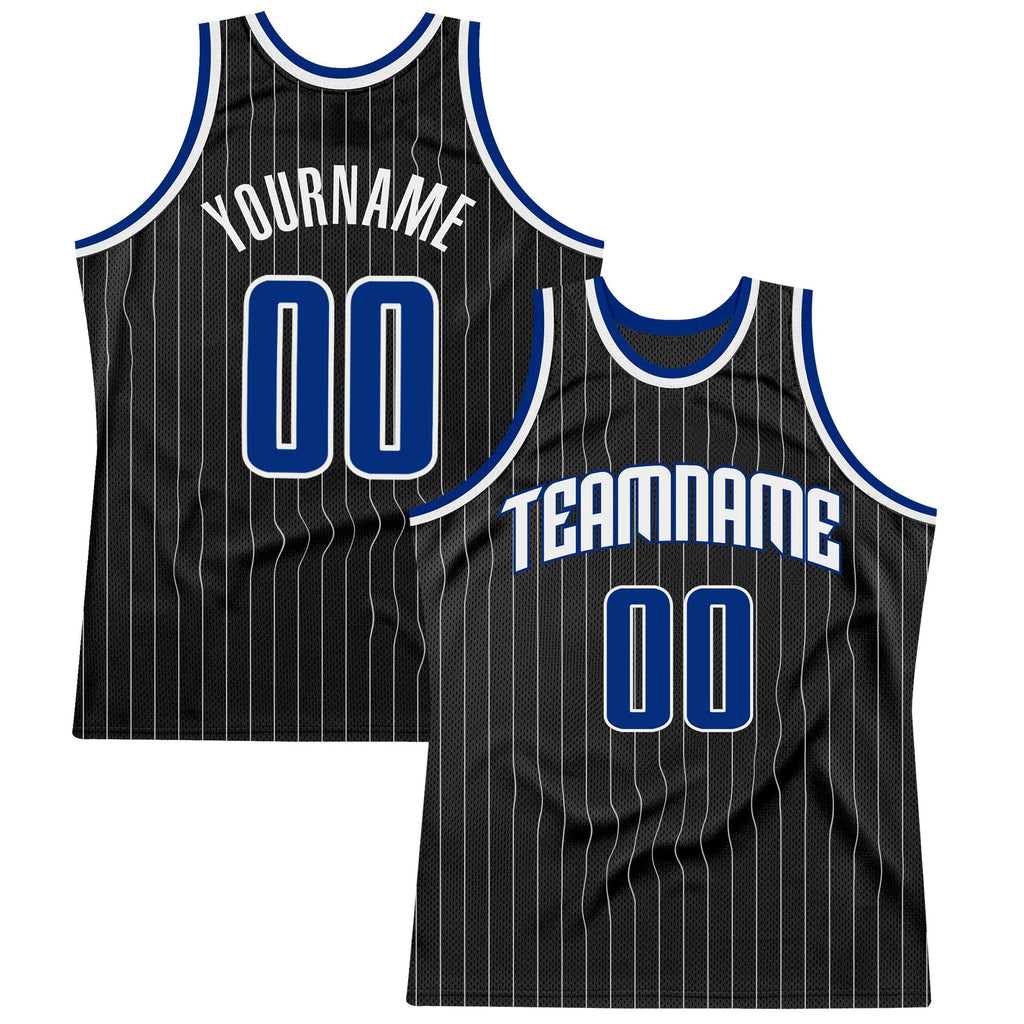 Custom Basketball Jersey - Black White Pinstripe Royal-White - Style Black0491