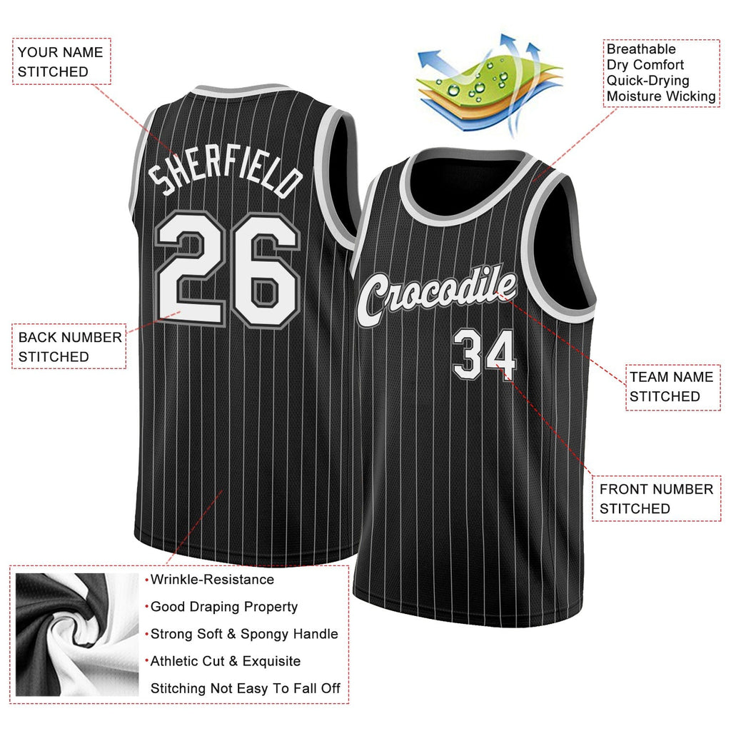Custom Basketball Jersey - Black White Pinstripe White-Gray