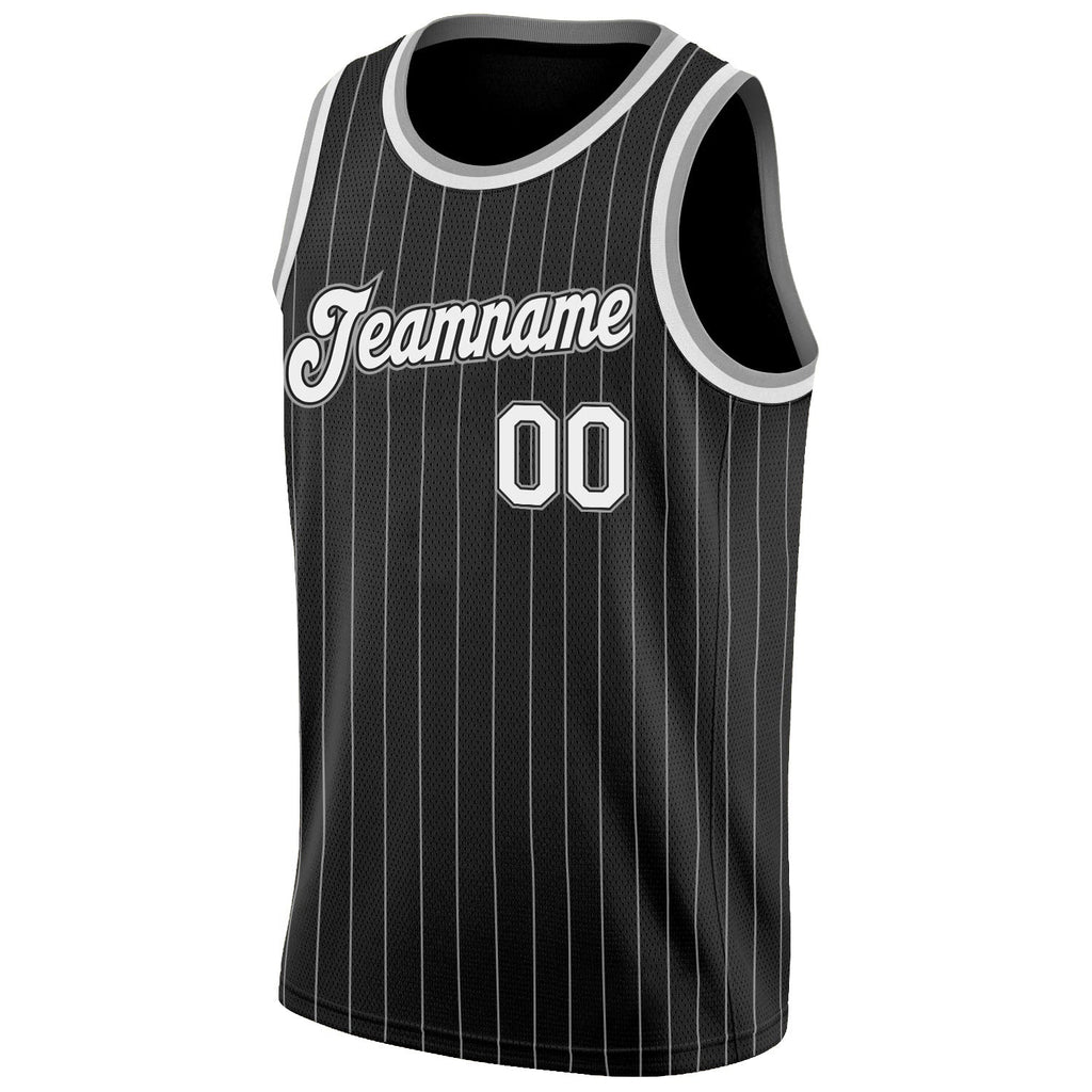Custom Basketball Jersey - Black White Pinstripe White-Gray