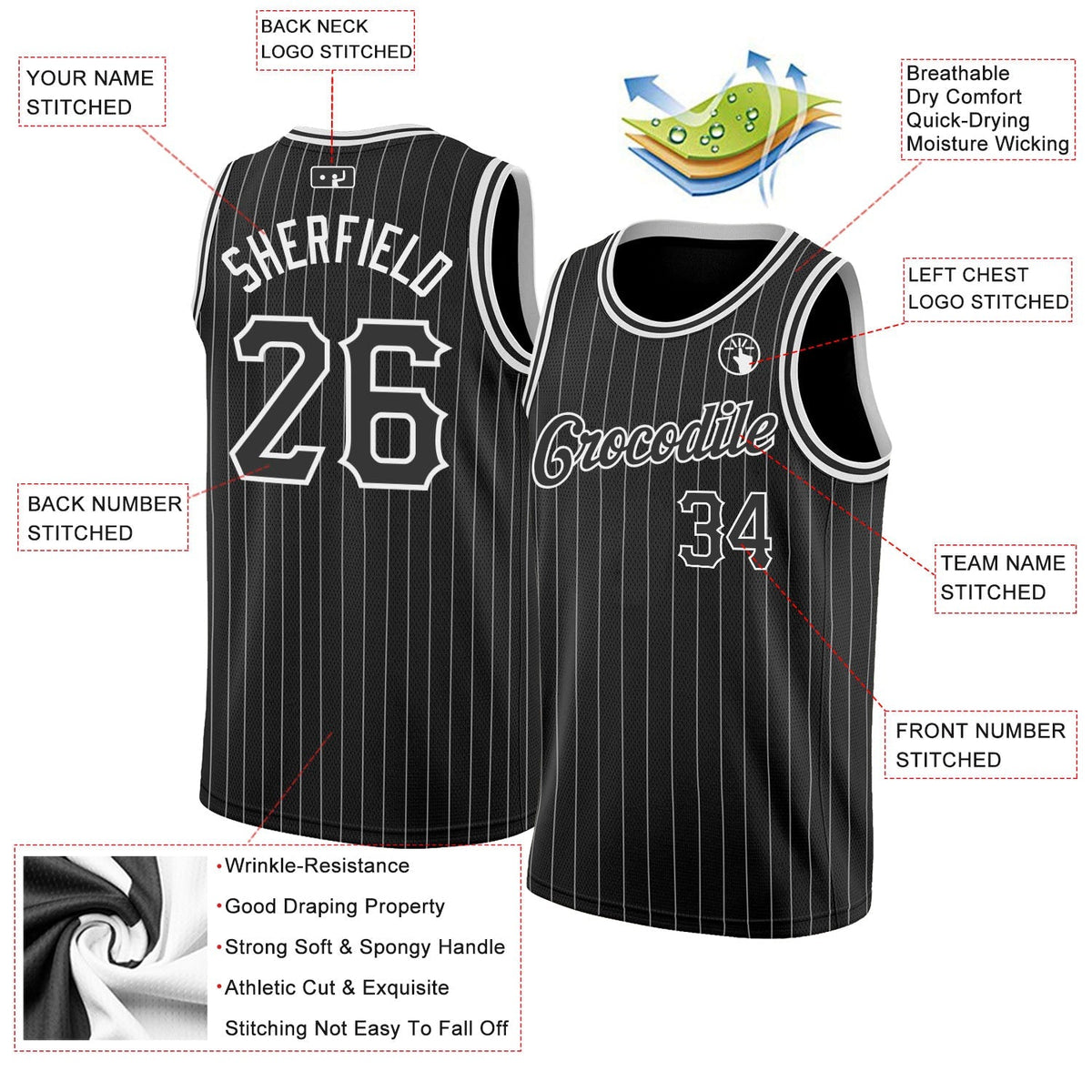 Custom Basketball Jersey - Black White Pinstripe Black-White - Style Black0497