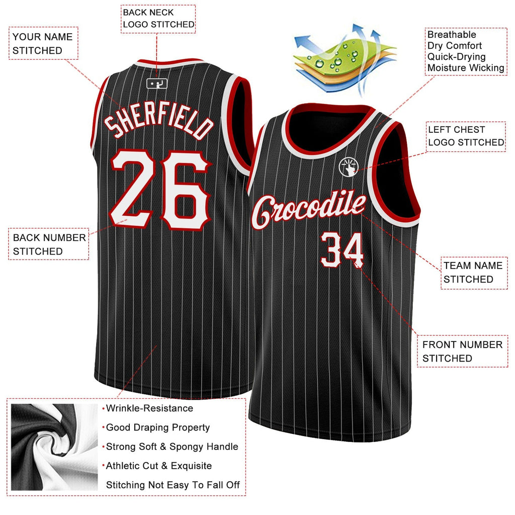 Custom Basketball Jersey - Black White Pinstripe White-Red