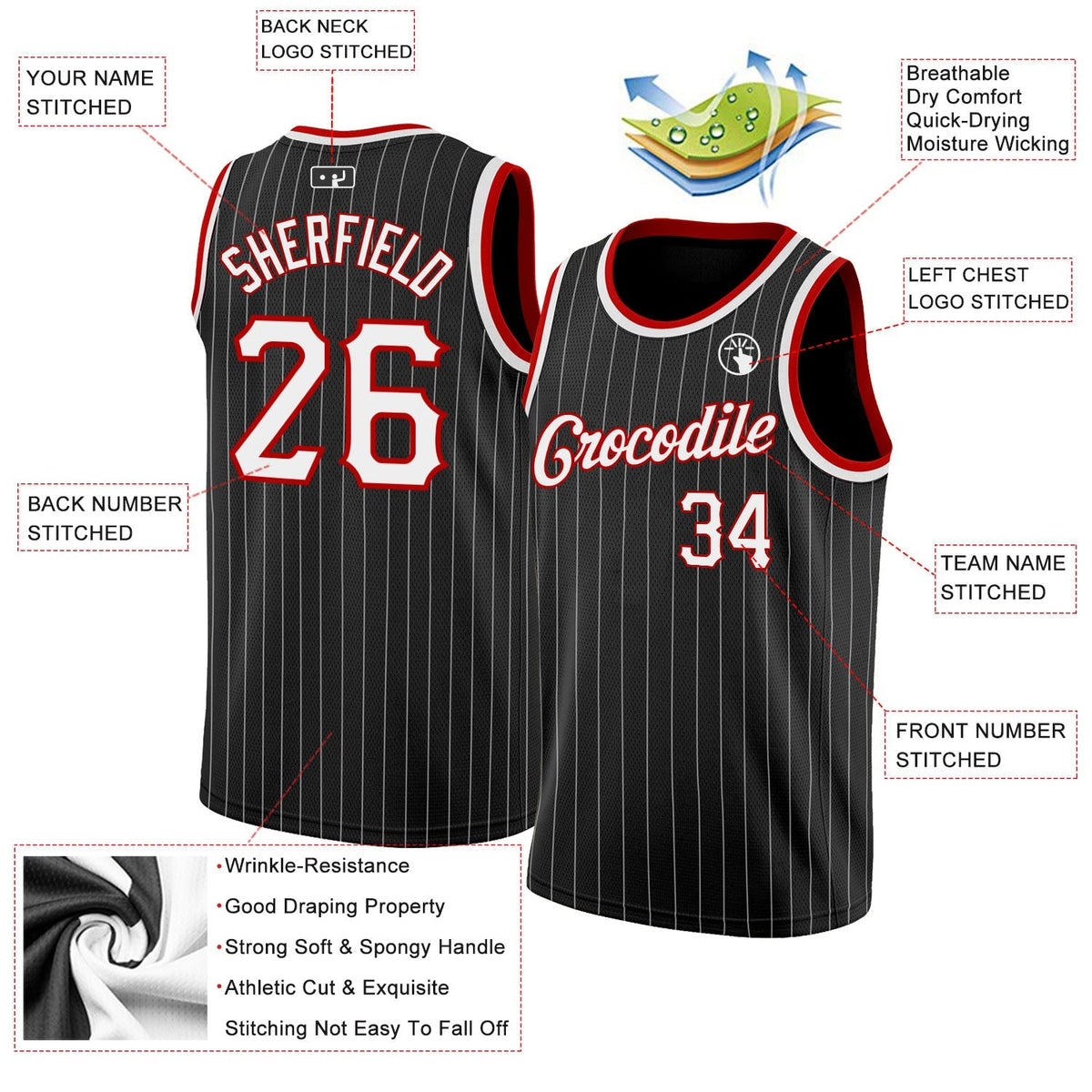 Custom Basketball Jersey - Black White Pinstripe White-Red