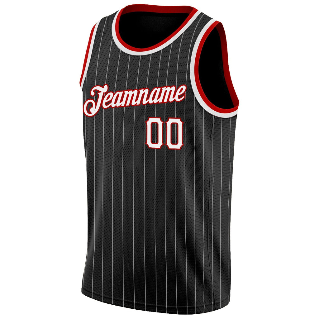Custom Basketball Jersey - Black White Pinstripe White-Red