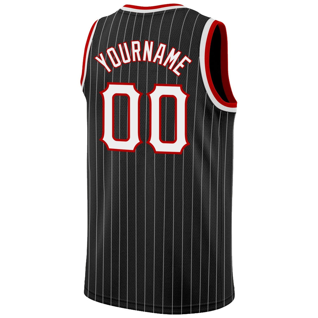 Custom Basketball Jersey - Black White Pinstripe White-Red