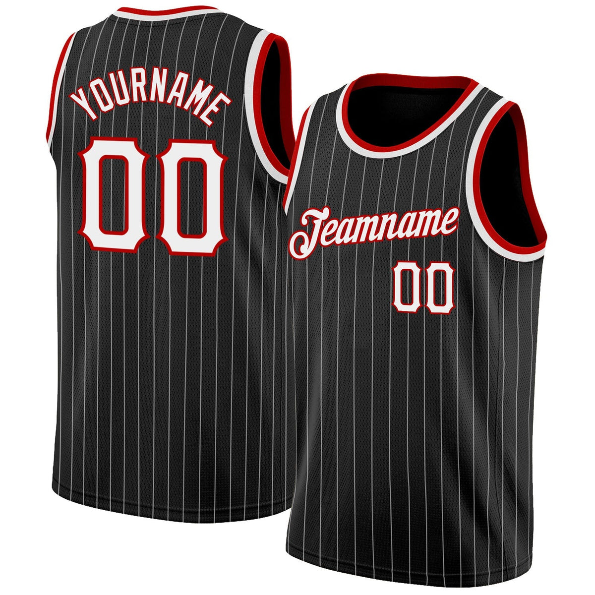 Custom Basketball Jersey - Black White Pinstripe White-Red