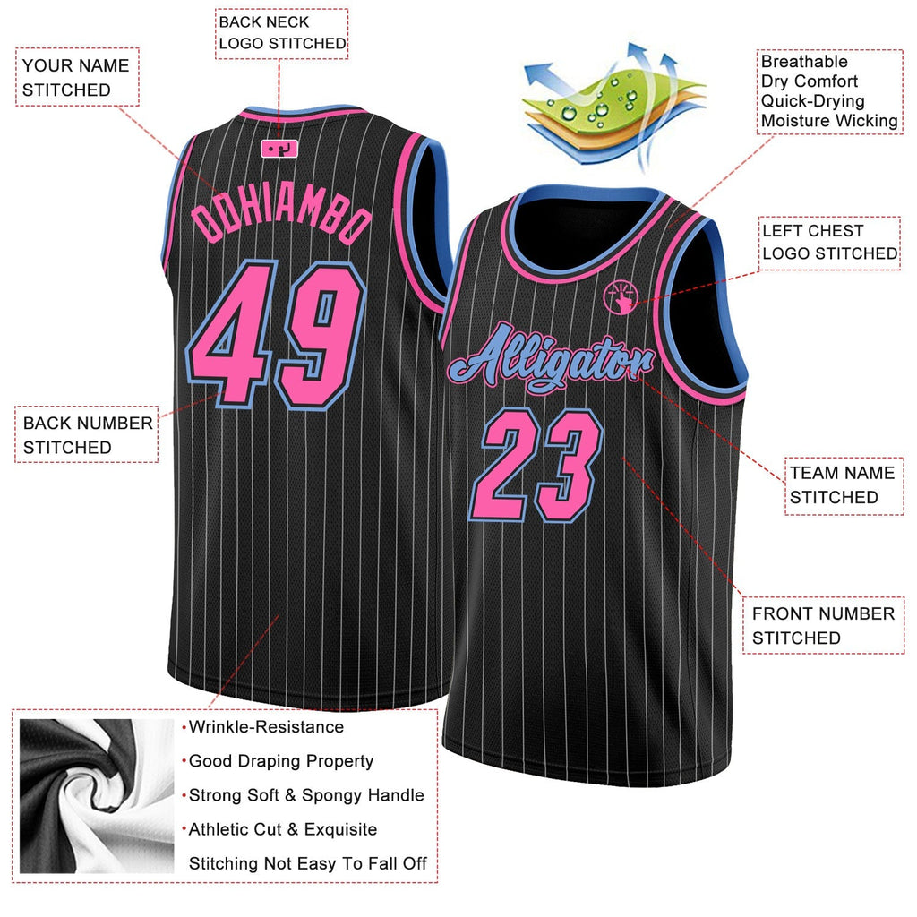 Custom Basketball Jersey - Black White Pinstripe Pink-Light Blue
