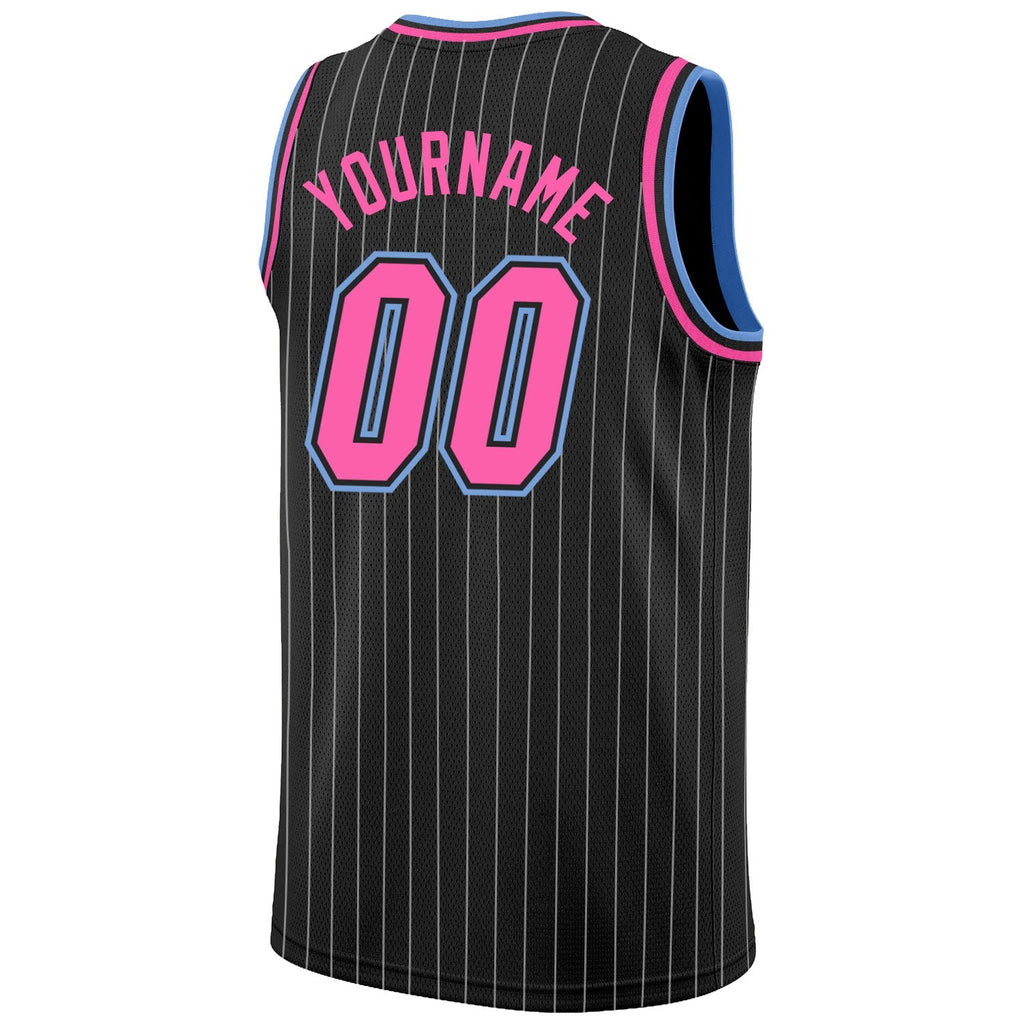 Custom Basketball Jersey - Black White Pinstripe Pink-Light Blue