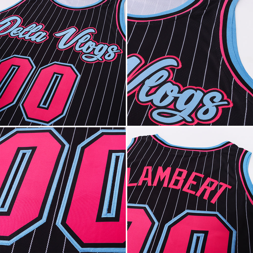 Custom Basketball Jersey - Black White Pinstripe Pink-Light Blue