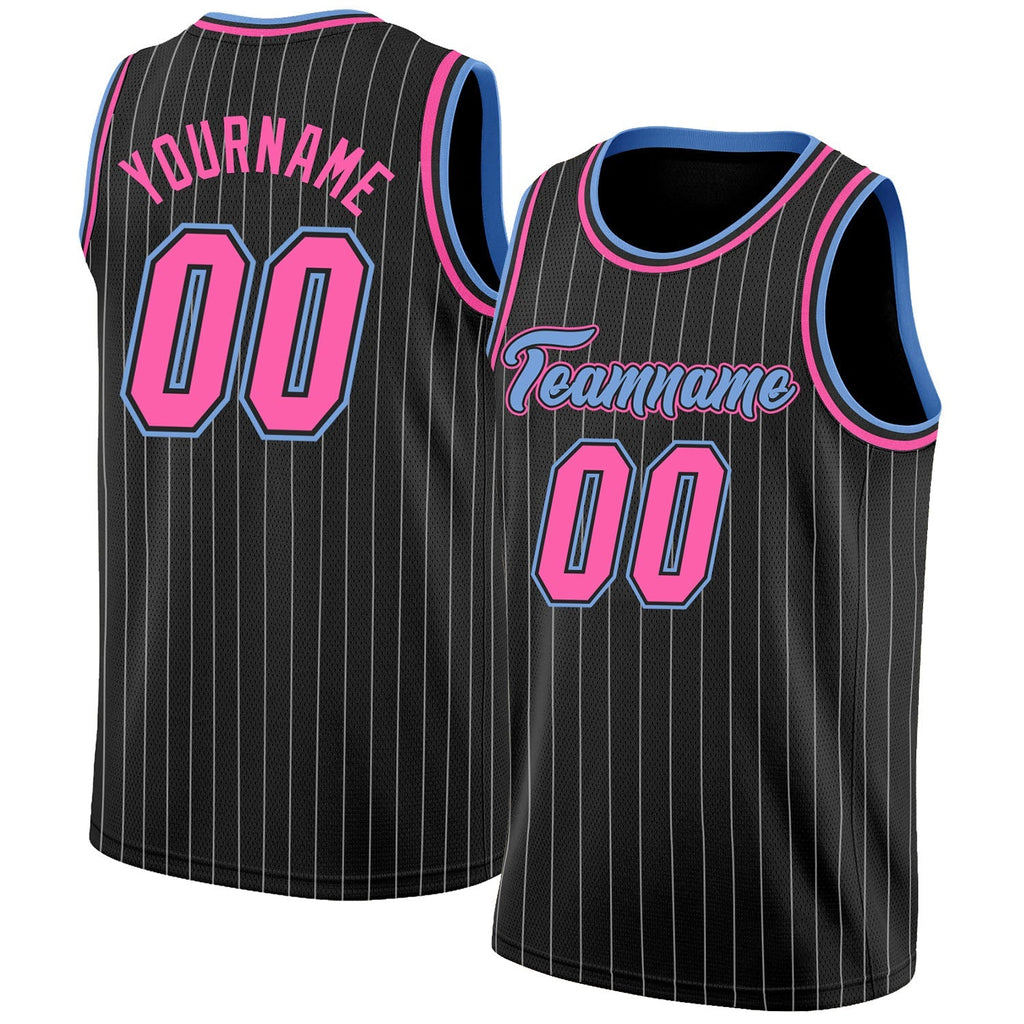 Custom Basketball Jersey - Black White Pinstripe Pink-Light Blue