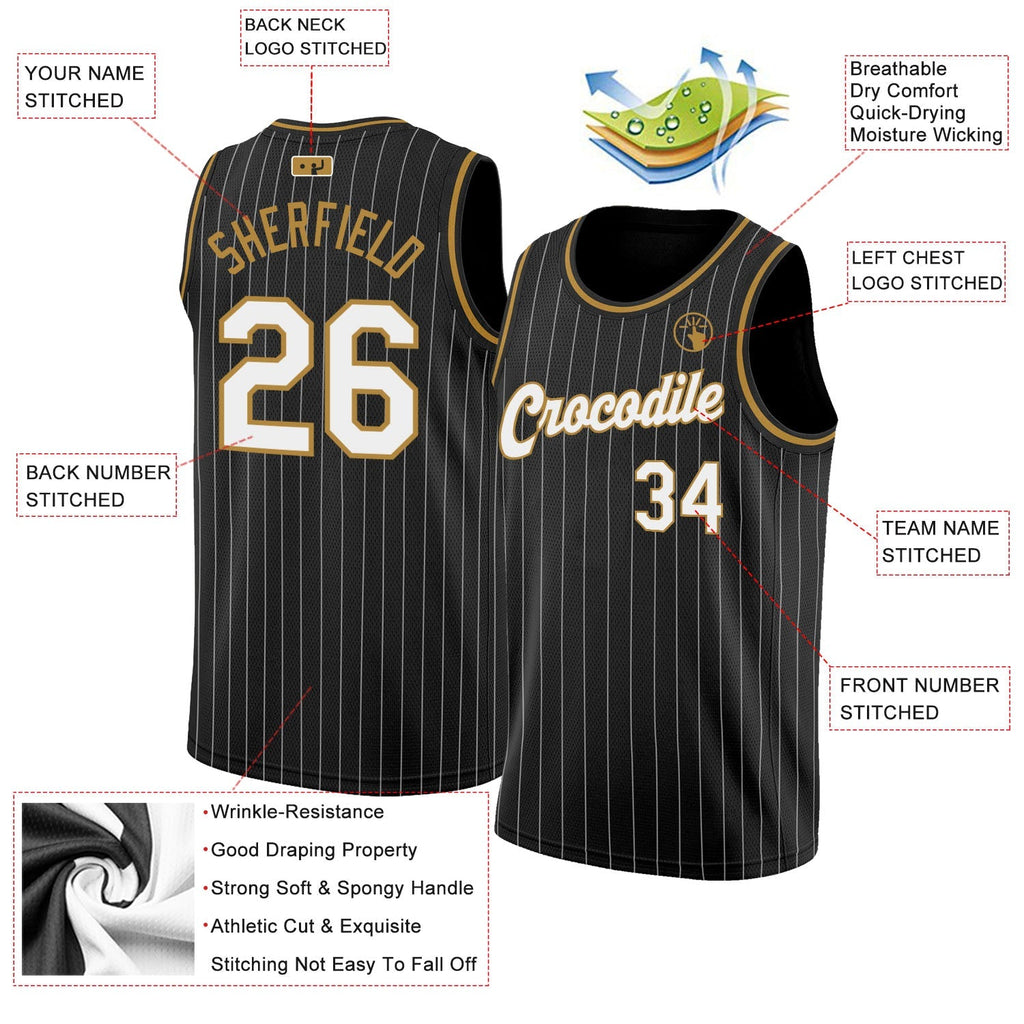 Custom Basketball Jersey - Black White Pinstripe White-Old Gold