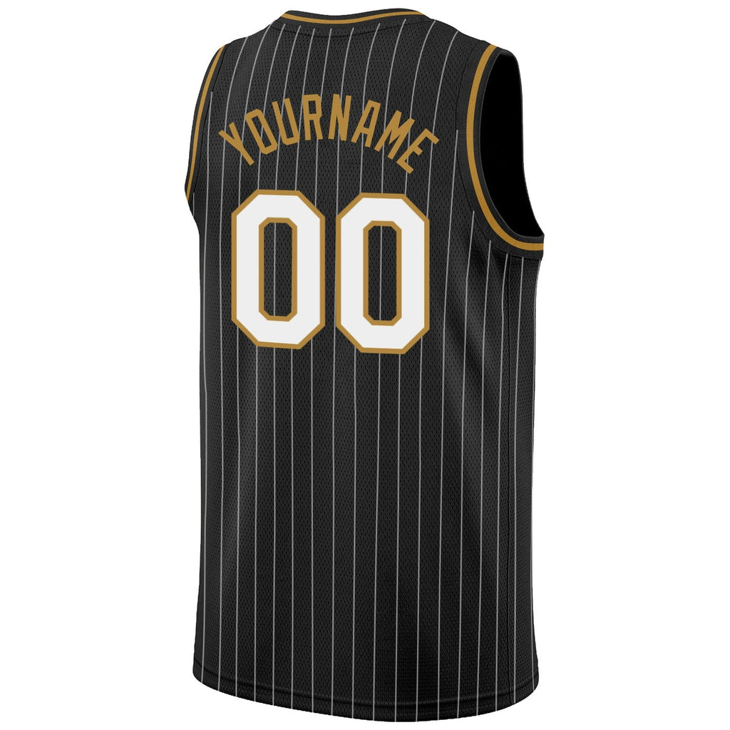 Custom Basketball Jersey - Black White Pinstripe White-Old Gold