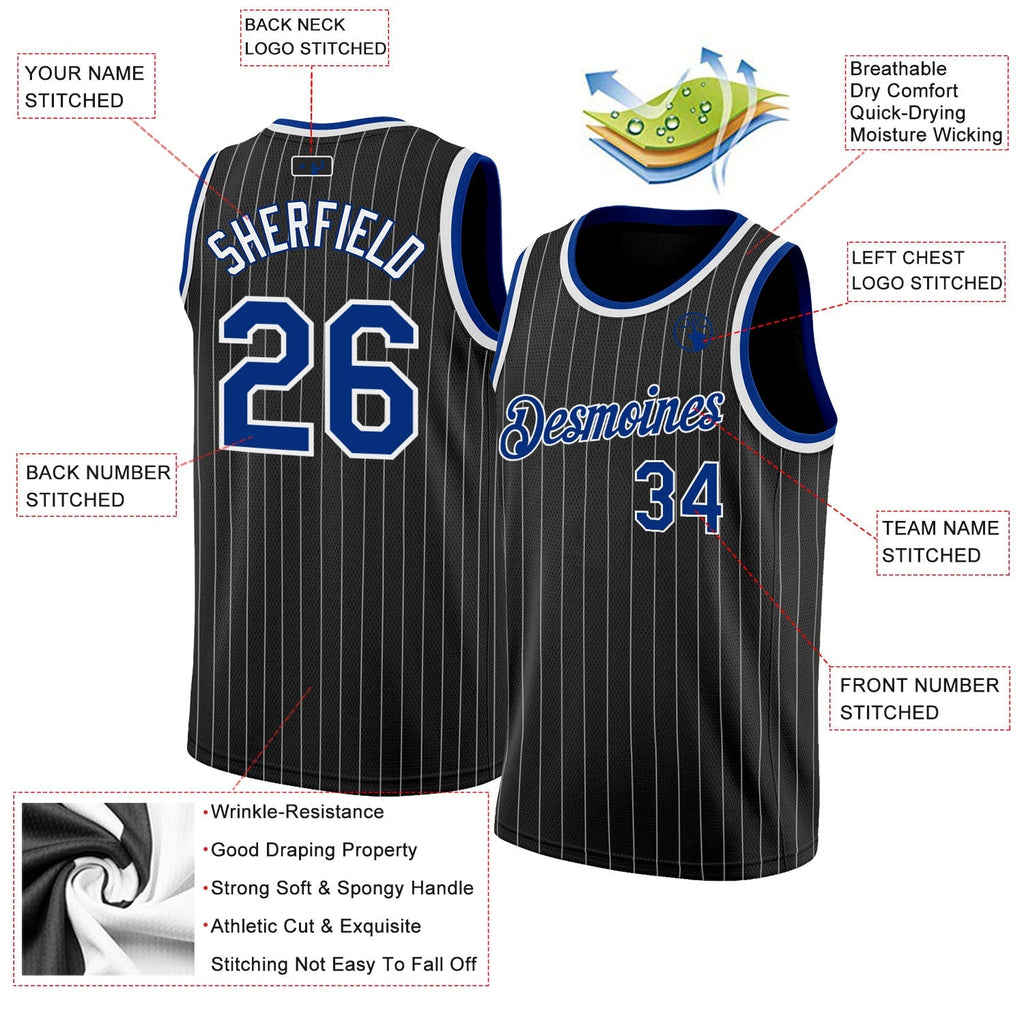 Custom Basketball Jersey - Black White Pinstripe Royal-White - Style Black0503