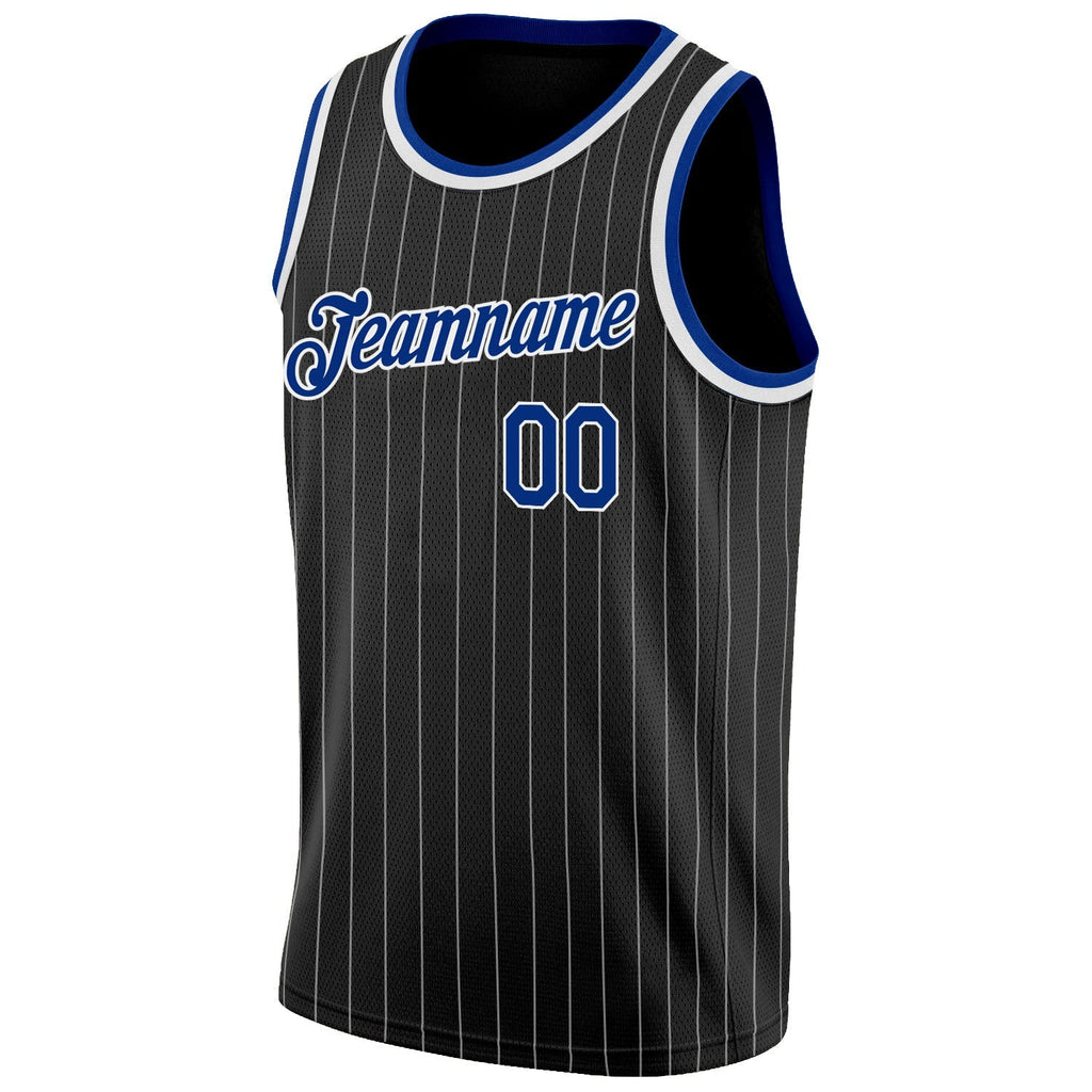 Custom Basketball Jersey - Black White Pinstripe Royal-White - Style Black0503