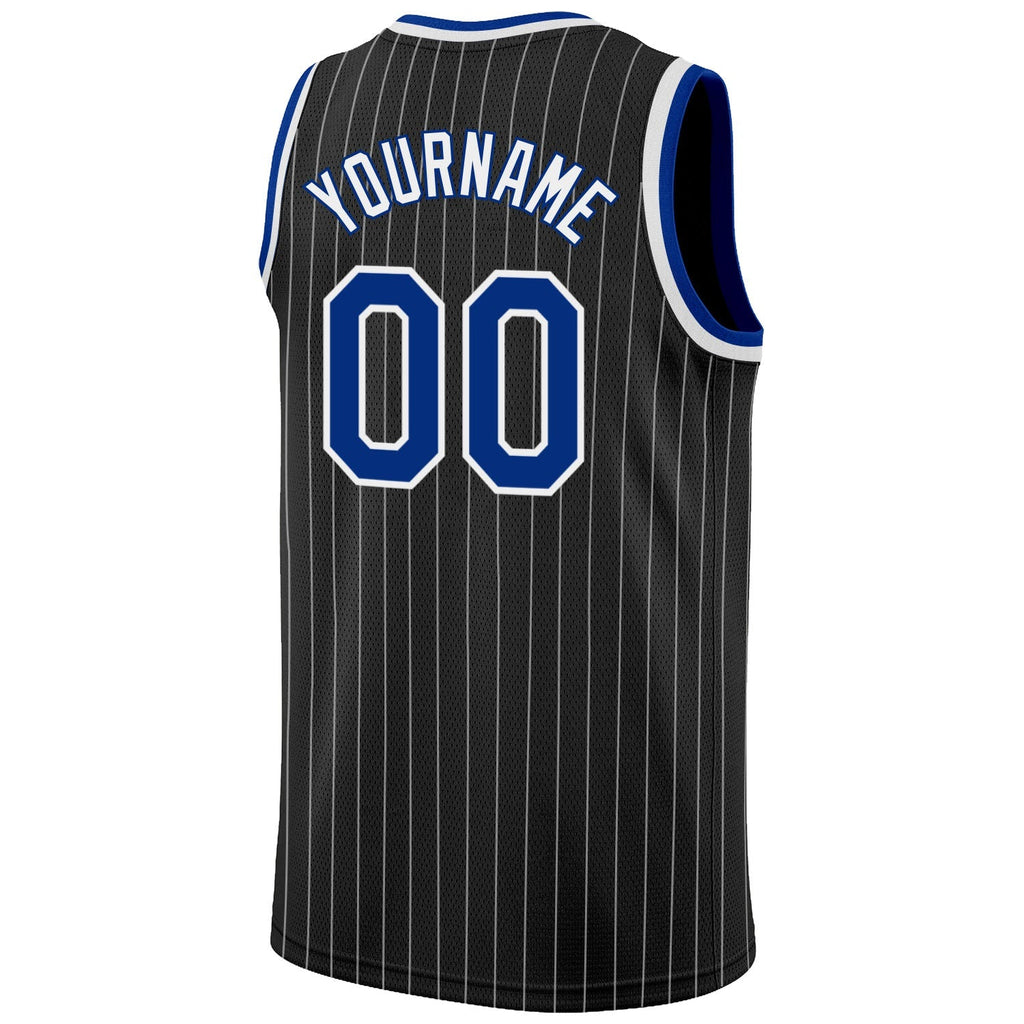 Custom Basketball Jersey - Black White Pinstripe Royal-White - Style Black0503