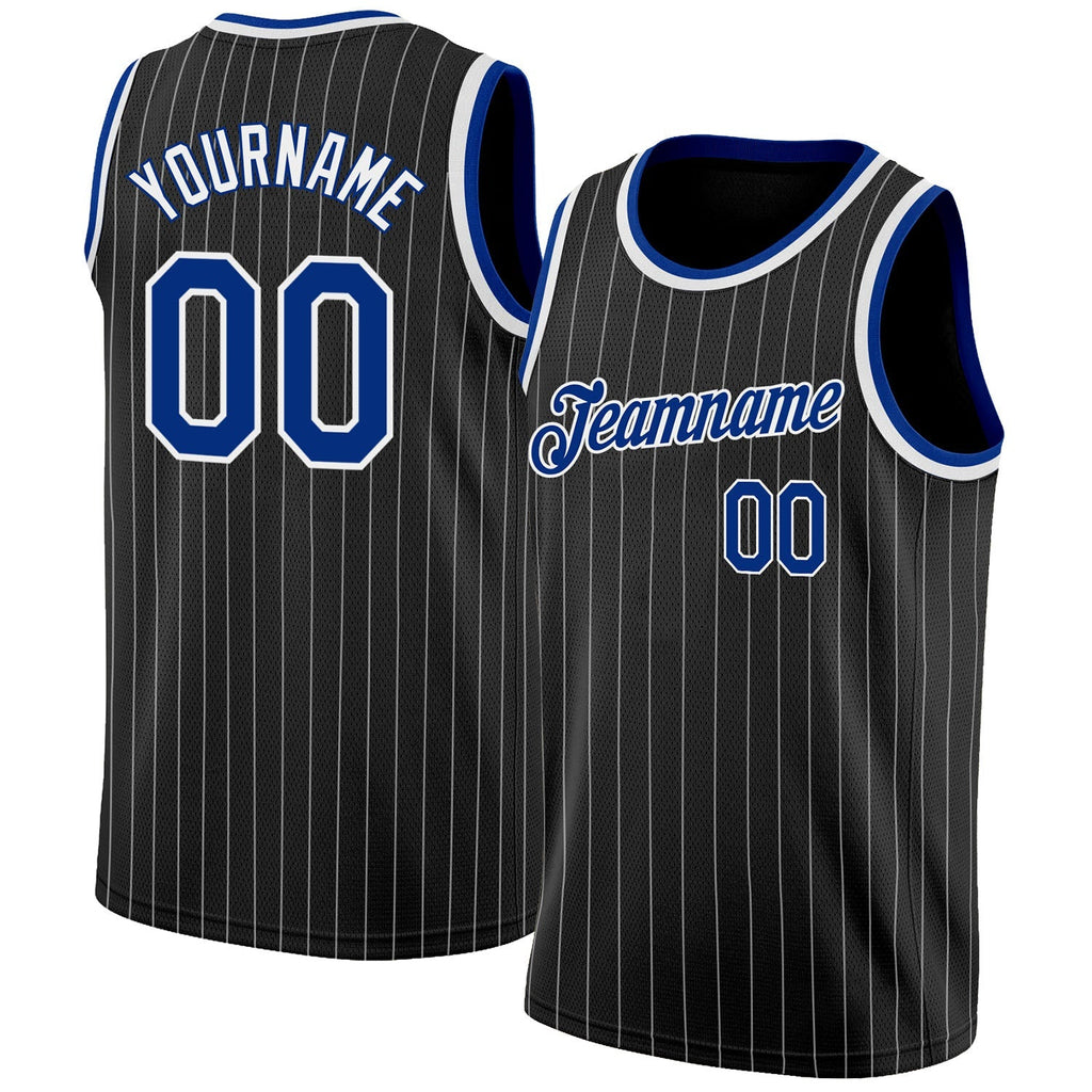 Custom Basketball Jersey - Black White Pinstripe Royal-White - Style Black0503