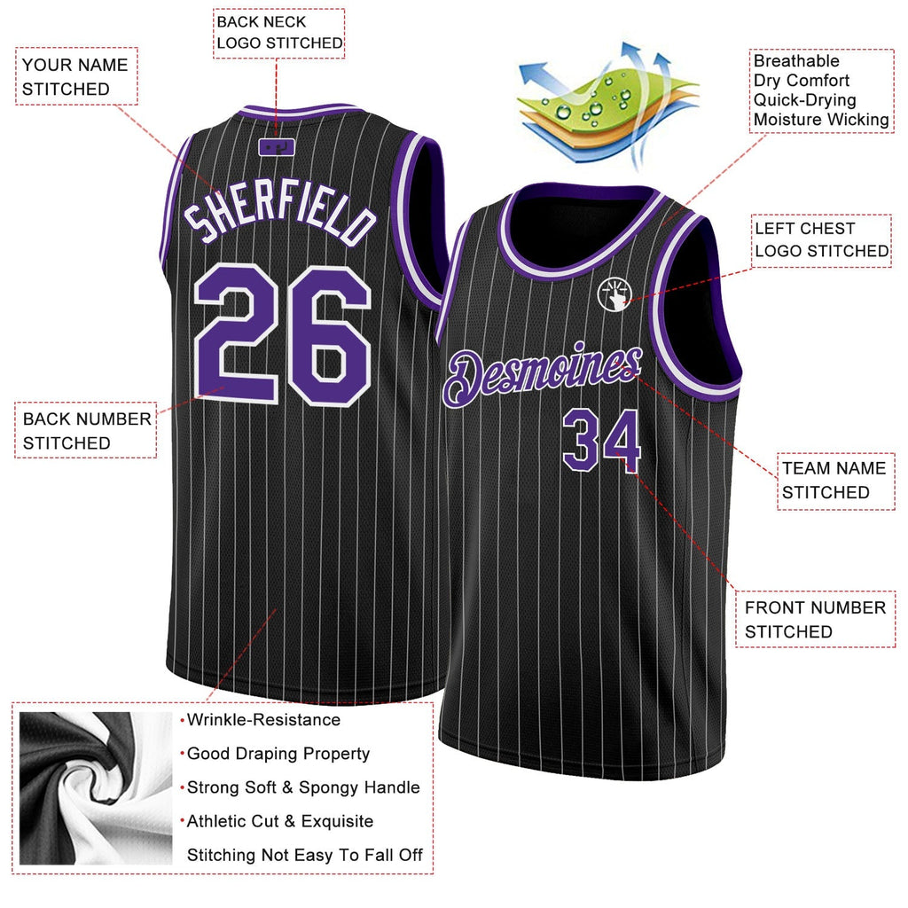Custom Basketball Jersey - Black White Pinstripe Purple-White - Style Black0504