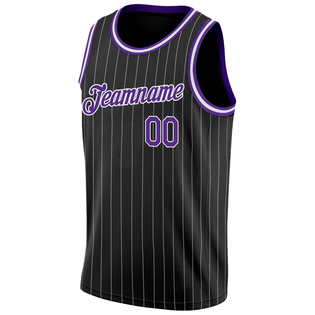 Custom Basketball Jersey - Black White Pinstripe Purple-White - Style Black0504