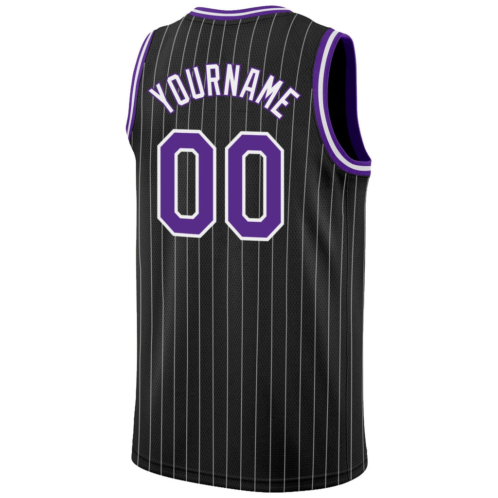 Custom Basketball Jersey - Black White Pinstripe Purple-White - Style Black0504