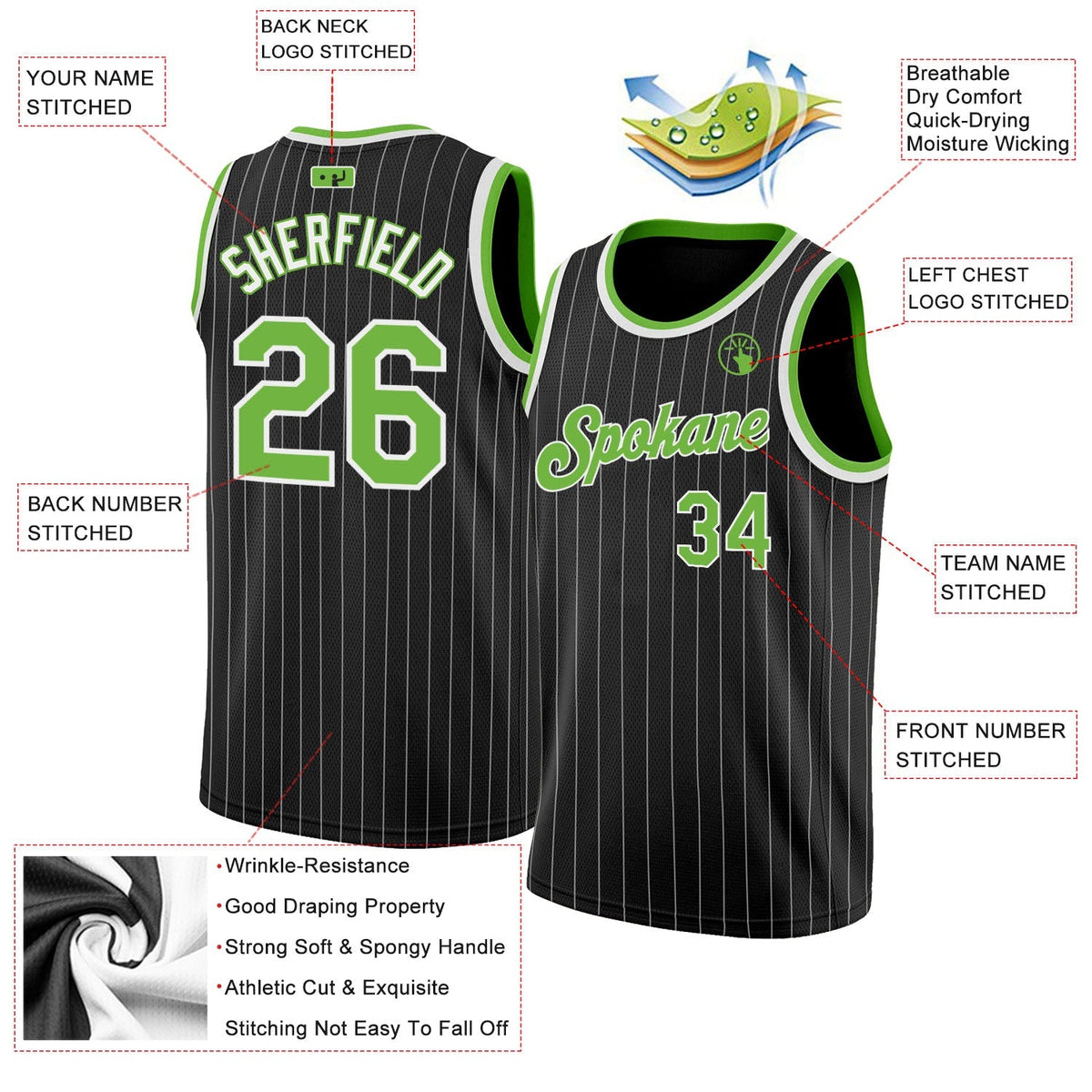 Custom Basketball Jersey - Black White Pinstripe Neon Green-White