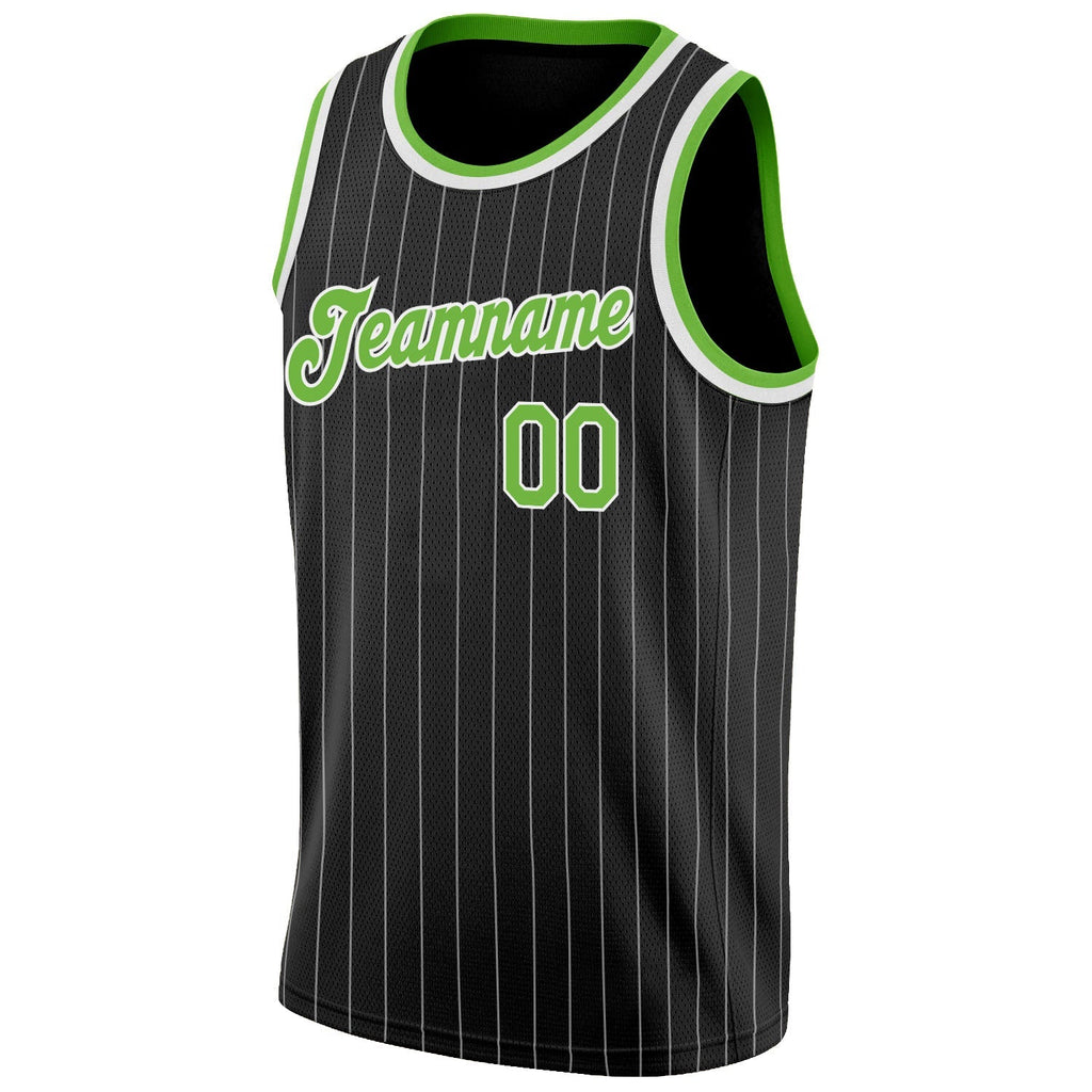Custom Basketball Jersey - Black White Pinstripe Neon Green-White
