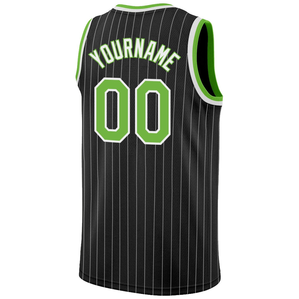 Custom Basketball Jersey - Black White Pinstripe Neon Green-White