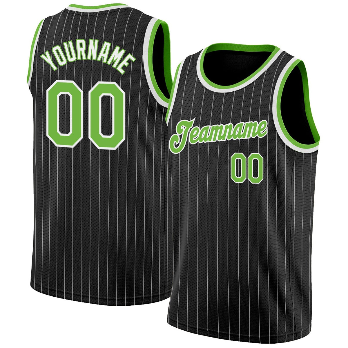Custom Basketball Jersey - Black White Pinstripe Neon Green-White