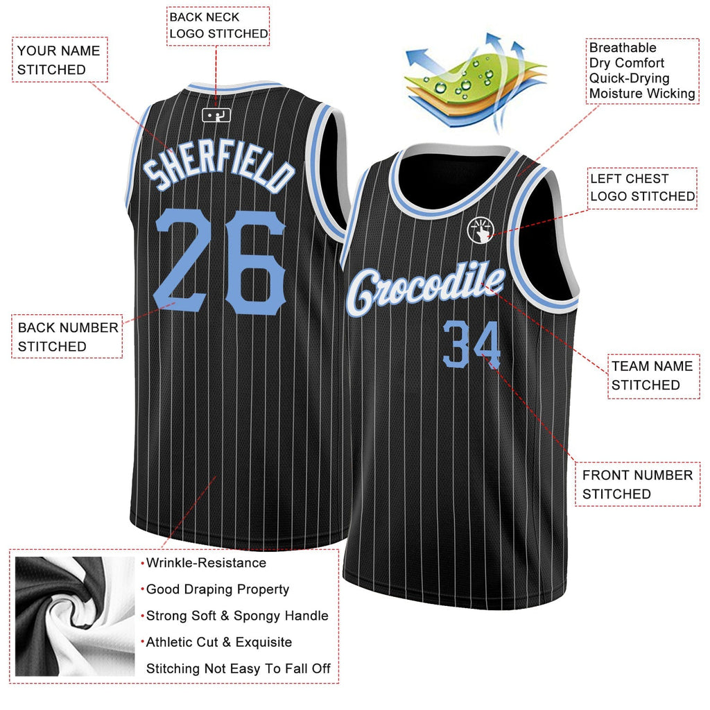 Custom Basketball Jersey - Black White Pinstripe Light Blue-White