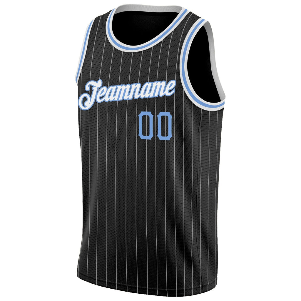 Custom Basketball Jersey - Black White Pinstripe Light Blue-White