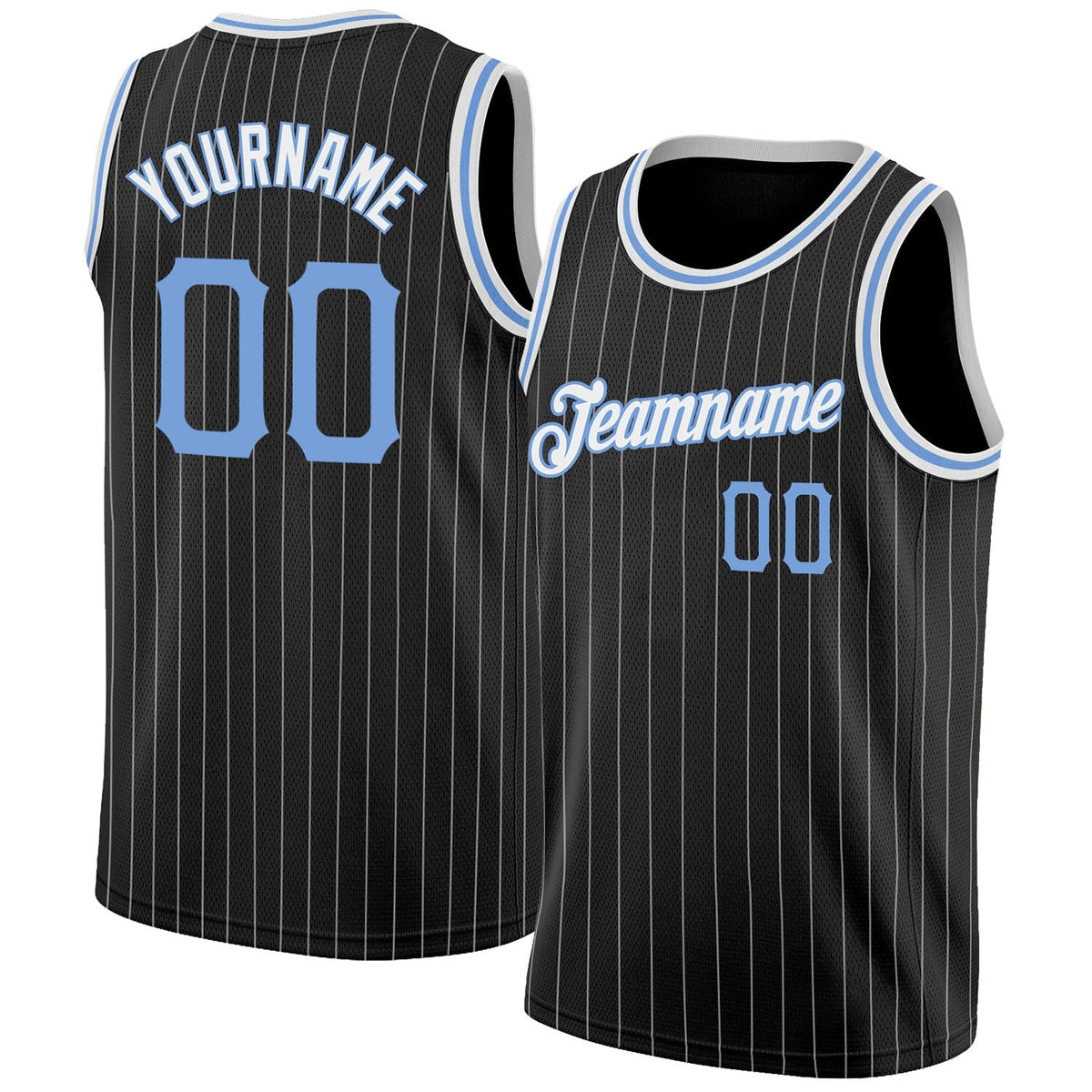 Custom Basketball Jersey - Black White Pinstripe Light Blue-White