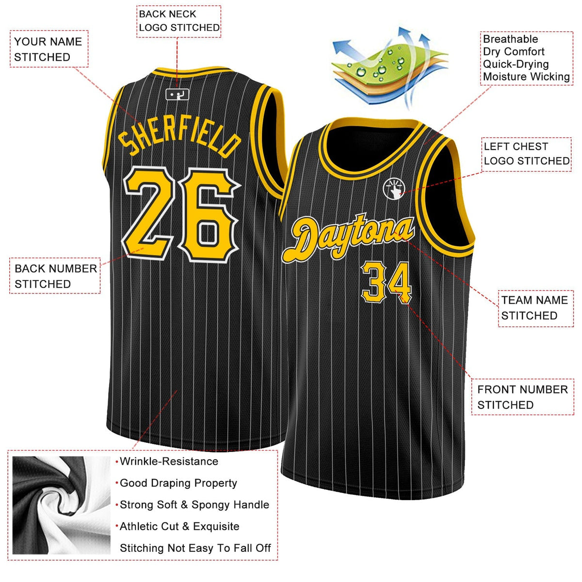 Custom Basketball Jersey - Black White Pinstripe Gold-White