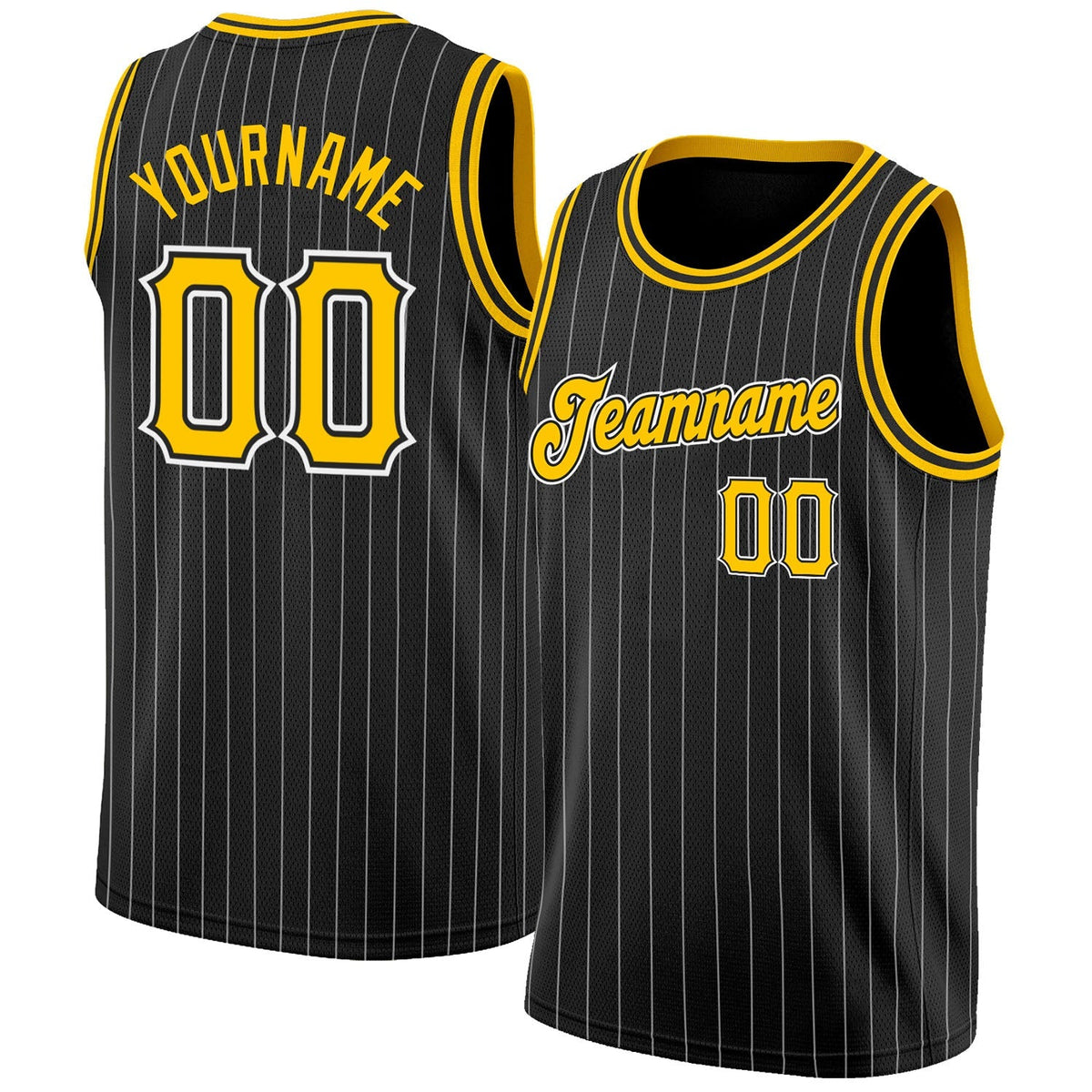 Custom Basketball Jersey - Black White Pinstripe Gold-White