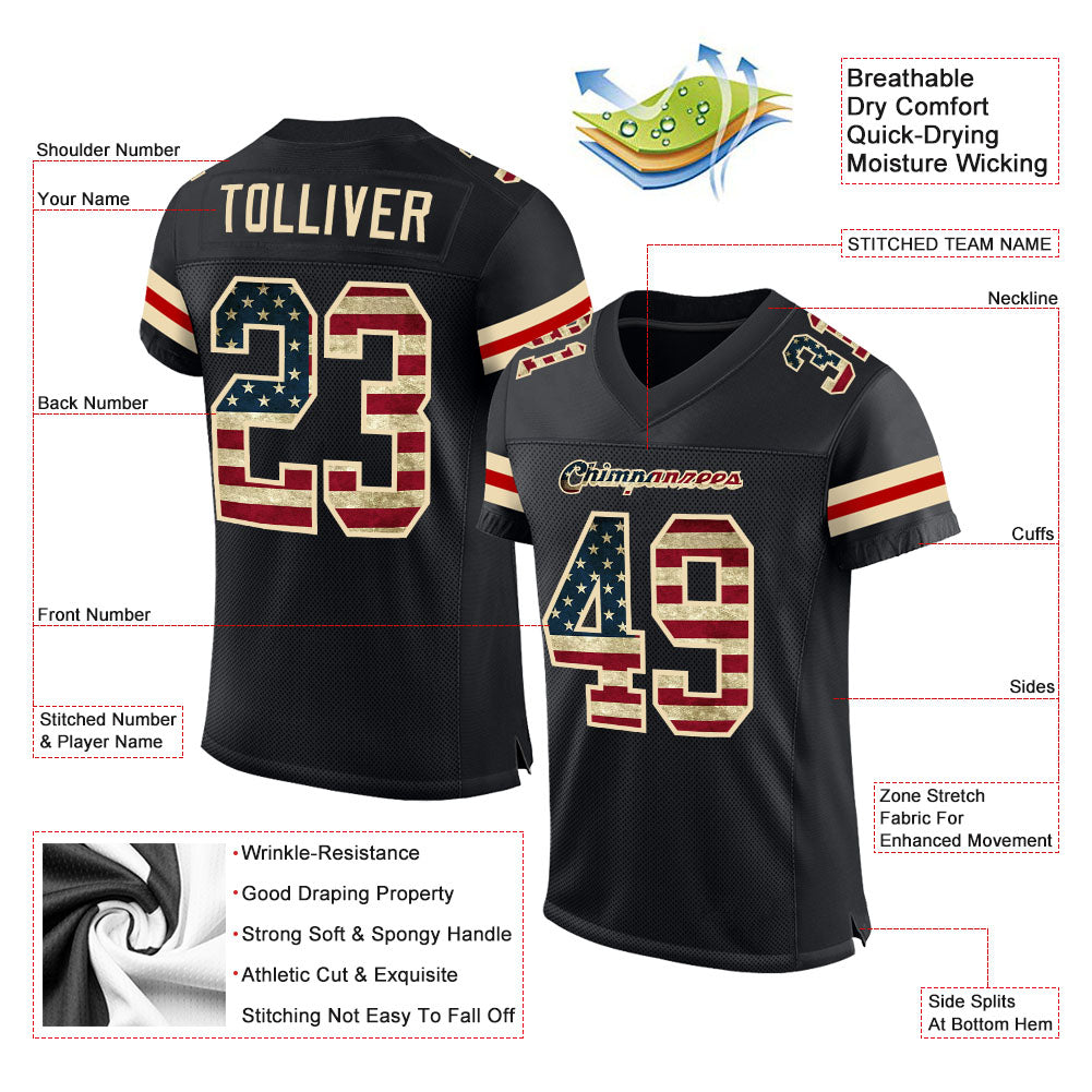 Custom Football Jersey - Black Vintage USA Flag-Cream Mesh