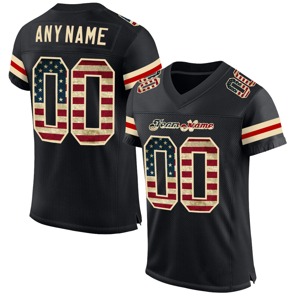 Custom Football Jersey - Black Vintage USA Flag-Cream Mesh
