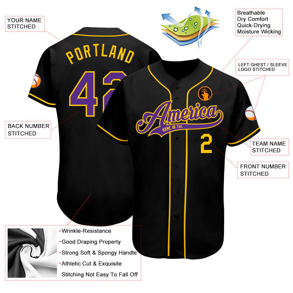 Custom Baseball Jersey - Black Purple-Gold