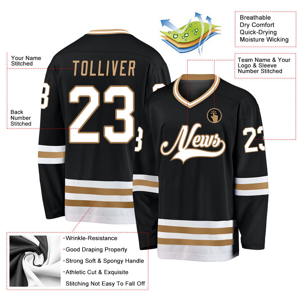 Custom Hockey Jersey - Black White-Old Gold