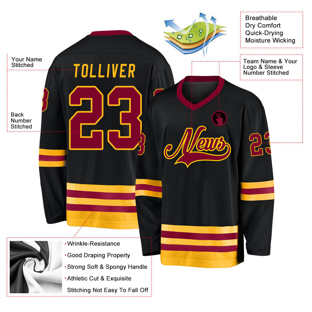 Custom Hockey Jersey - Black Maroon-Gold - Style Black0586