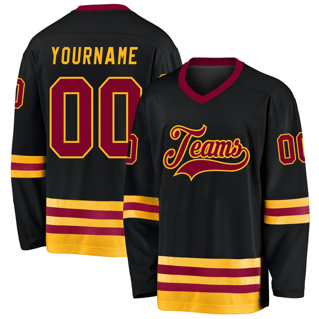Custom Hockey Jersey - Black Maroon-Gold - Style Black0586