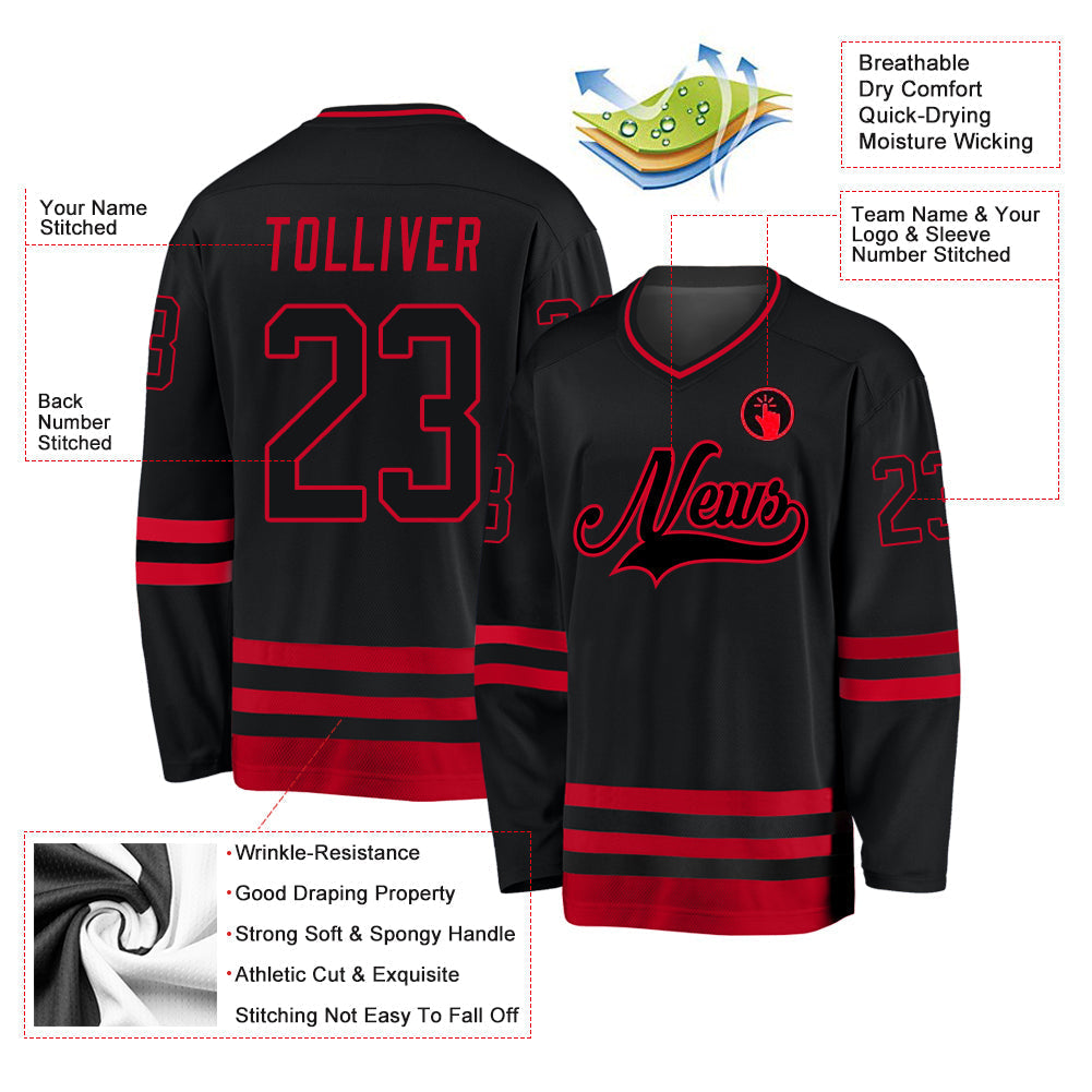 Custom Hockey Jersey - Black Black-Red