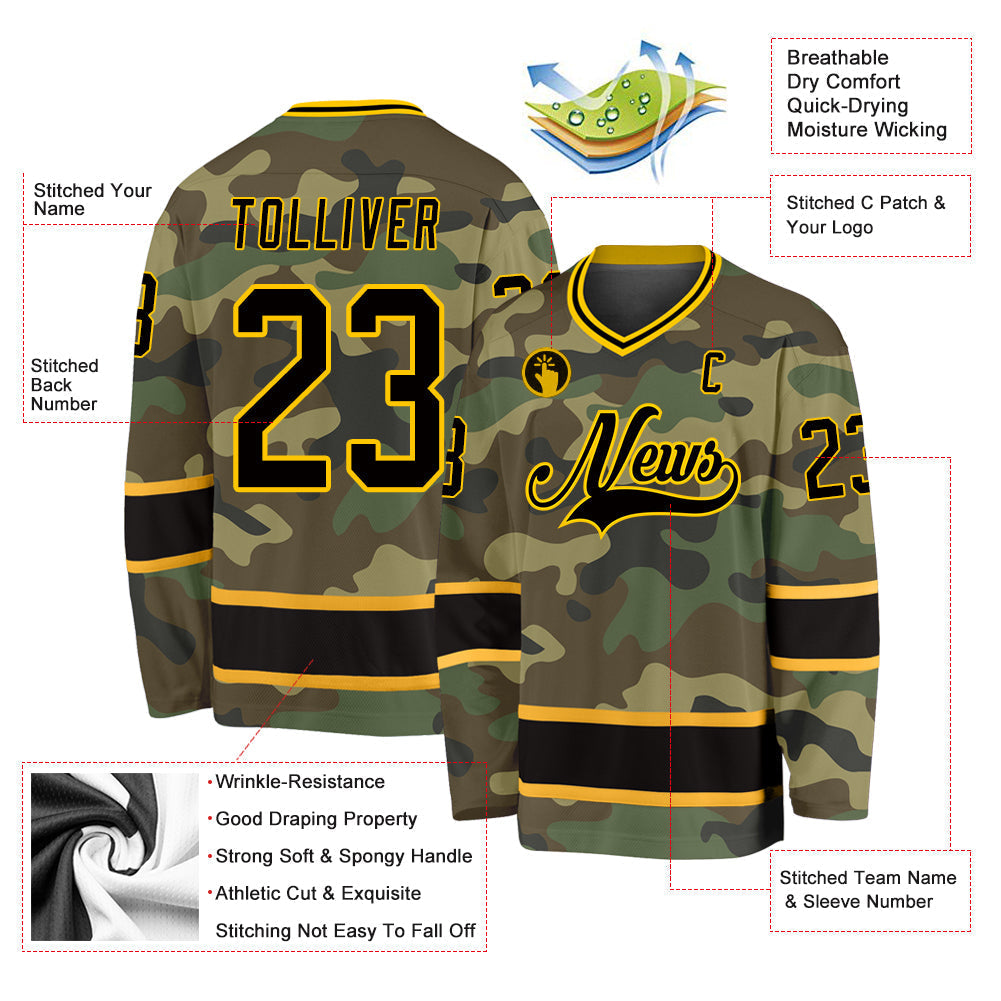 Custom Hockey Jersey - Camo Black-Gold Salute To Service