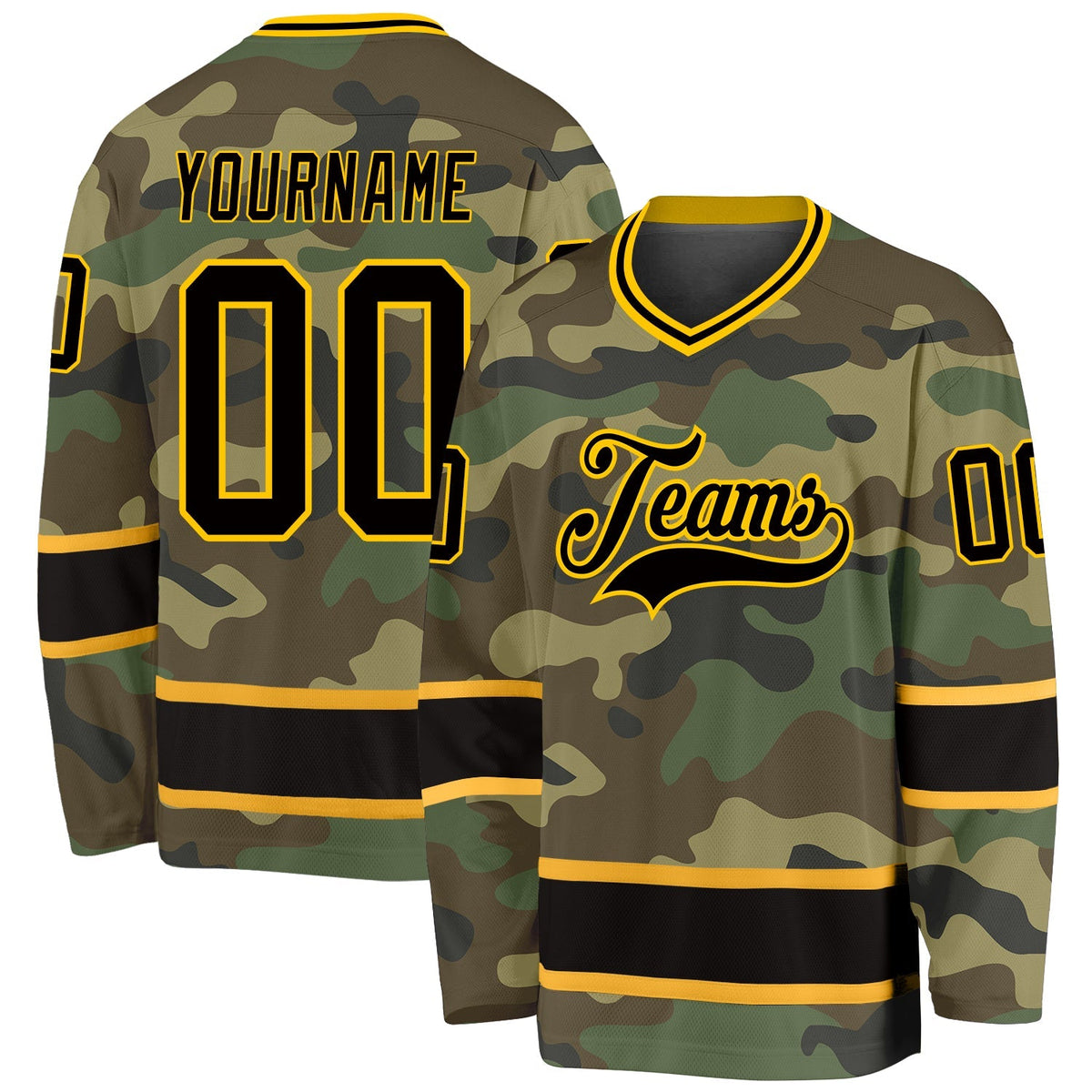 Custom Hockey Jersey - Camo Black-Gold Salute To Service