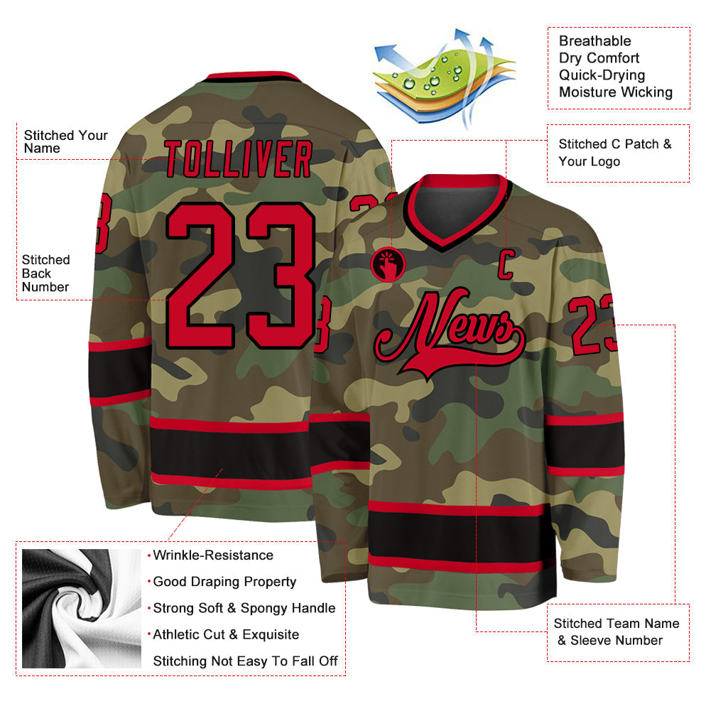 Custom Hockey Jersey - Camo Red-Black Salute To Service