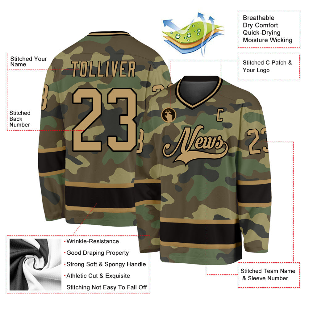 Custom Hockey Jersey - Camo Old Gold-Black Salute To Service