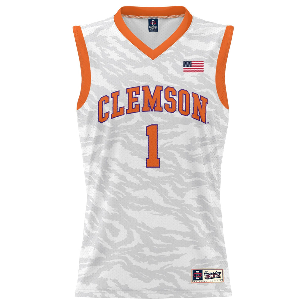 #1 Clemson Tigers Lightweight Tiger Print Basketball Jersey - White