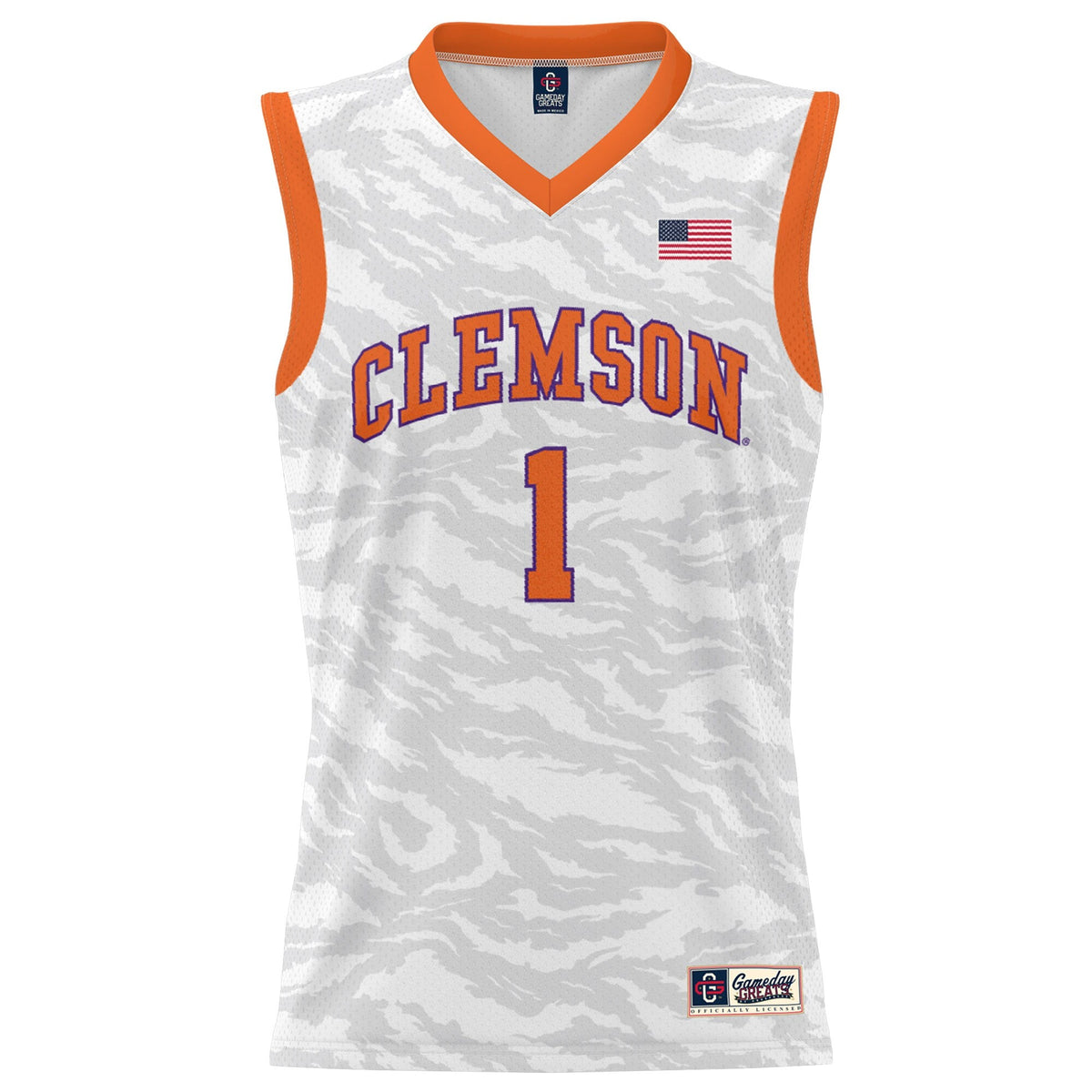#1 Clemson Tigers Lightweight Tiger Print Basketball Jersey - White