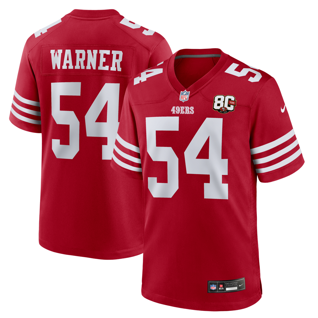 San Francisco 49ers Fred Warner Scarlet 80th Anniversary Game Football Jersey
